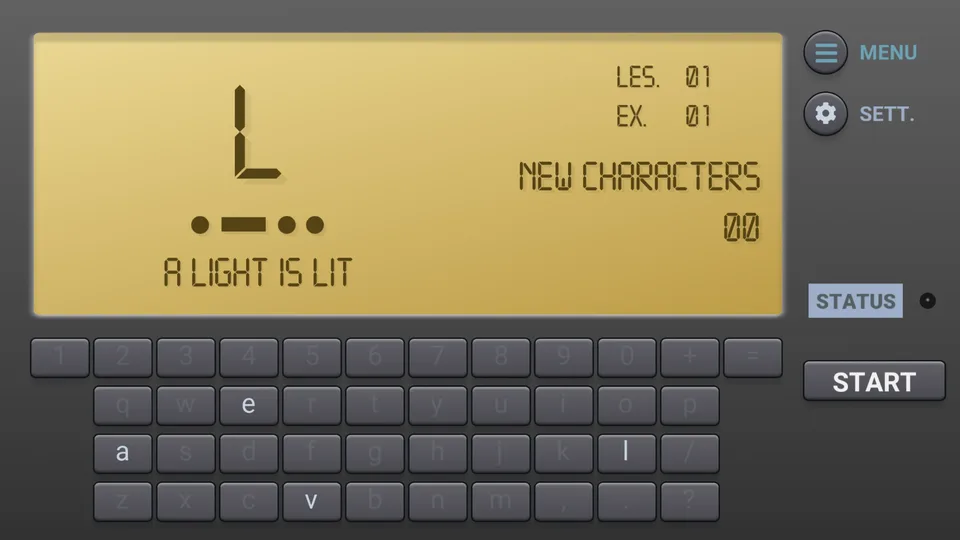 The MOR...E TRAINER display showing the letter L, its Morse pattern and the mnemonic a light is lit, above the on-screen keyboard.