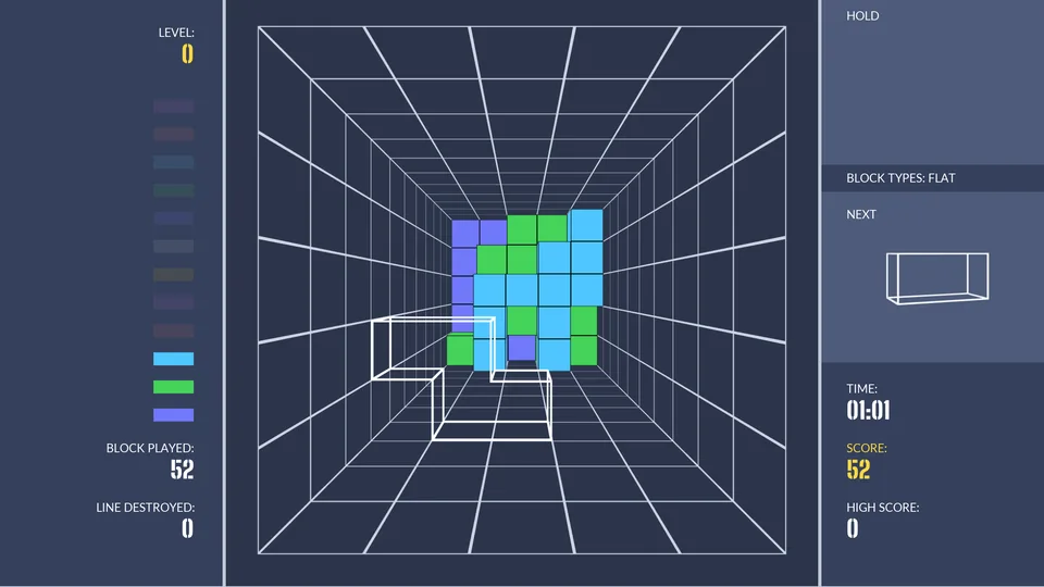A game of TETRIX 3D in progress: coloured blocks stacked inside a wireframe pit, with level and score on the left and the next piece on the right.